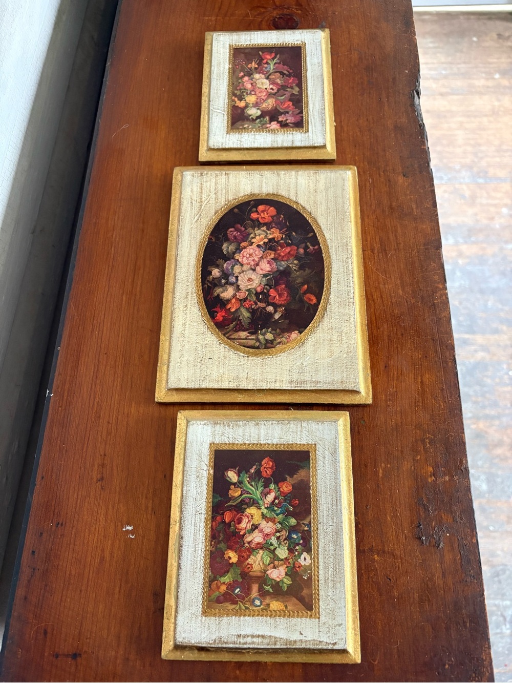 Gold Trim Florentine Wall Frame Trio Floral Wooden Plaques Romantic Cottagecore